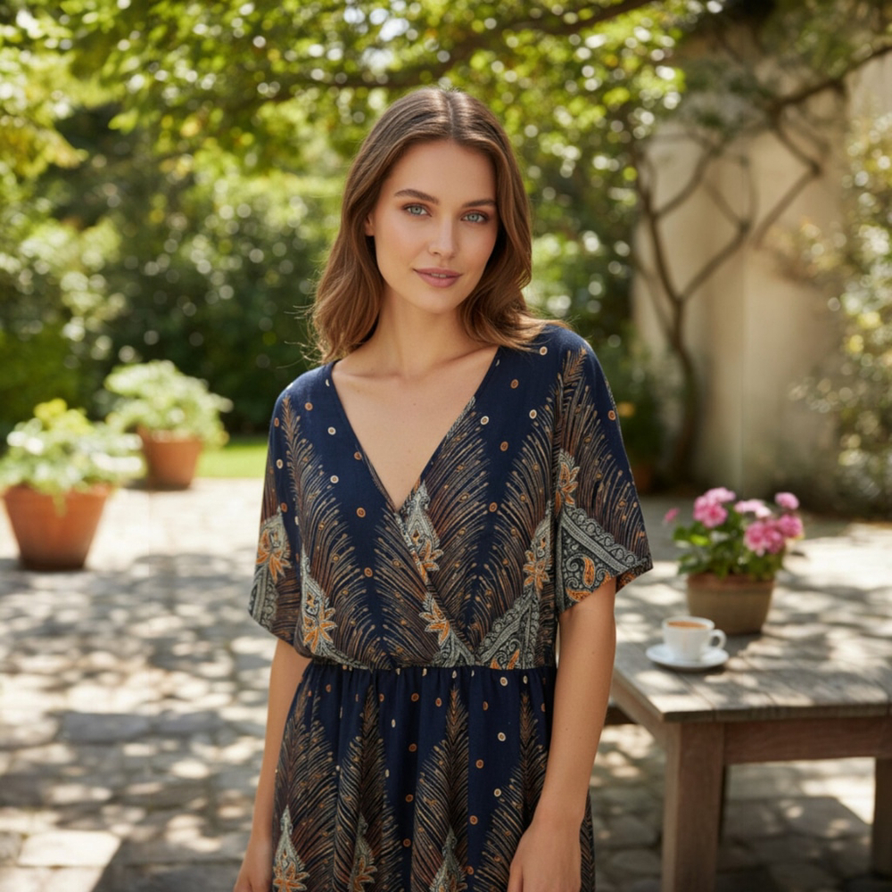 BloomChic Wrap Dress Size 26 Blue Paisley Artsy Art To Wear Boho Bohemian Resort - Picture 1 of 10
